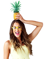 Sticker - Glasses, portrait or woman with pineapple on head for healthy food, diet or tropical fruits with vegan nutrition. Model, face or funny with detox wellness or isolated on transparent png background