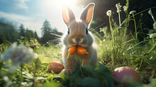 Bunny Rabbit Eating Carrots On Grass