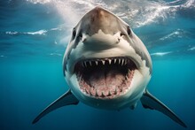 Ocean White Shark View From Below, Open Toothy Mouth With Many Teeth
