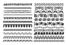 Set African Tribal Motive Border In Doodle Hand Drawn Style From Geometrical Shapes Isolated On White Background. Boho Scandinavian Srtoke, Traditional Native Decor.