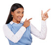 © Khushboo/peopleimages.com - Portrait, happy woman and pointing by hand for offer, deal or notification. Indian person, entrepreneur and smile with gesture on isolated or transparent png background for choice, decision or option