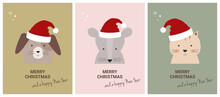 Festive Animal Trio: Happy Merry Christmas Card With Cute Characters, Christmas Dog, Mouse And Cat Vector Set