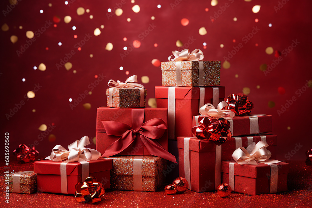 Image generative AI picture of many gift boxes on red background empty ...