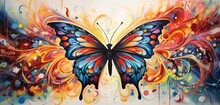 A Painted Butterfly In A Dreamy, Abstract World Of Colors And Patterns.