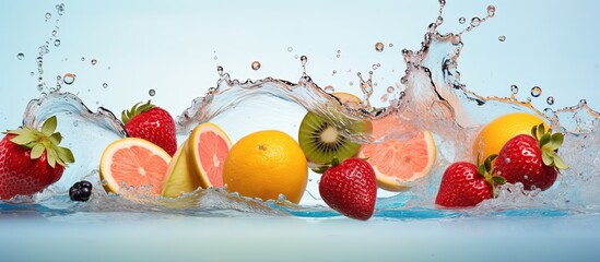 Wall Mural - Assorted fresh fruits with splashing water isolated on blue background. AI generated image