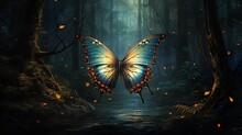 A Painted Butterfly In A Dreamy, Surreal Forest.