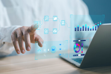 Poster - analyst manages the system database and shows a dashboard chart on the computer. concept analytics business, and report, analysis data plan, research on platform digital technology