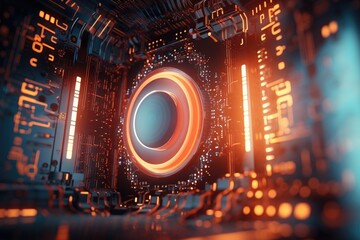 Poster - Futuristic Computer Circuit Board with Glowing Lights