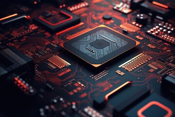 Poster - Futuristic Computer Circuit Board with Glowing Lights