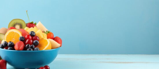 Tasty fruit salad in a blue bowl isolated copy space blue background