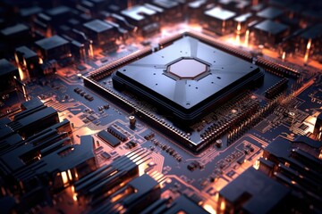 Poster - Futuristic Computer Circuit Board with Glowing Lights