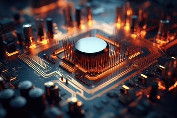 Poster - Futuristic Computer Circuit Board with Glowing Lights