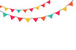 Garland of colored flags horizontal banner. Festive vector background in flat cartoon style on a white background.
