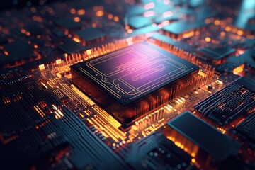 Poster - Futuristic Computer Circuit Board with Glowing Lights