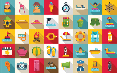 Wall Mural - Swim camp icons set flat vector. Water beach pool. Float child park