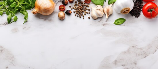 Poster - Cooking ingredients spices black pepper garlic onion with greens and tomatoes on a white stone table Copy space image Place for adding text or design