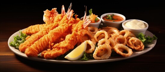 Poster - Assorted fried seafood platter Copy space image Place for adding text or design