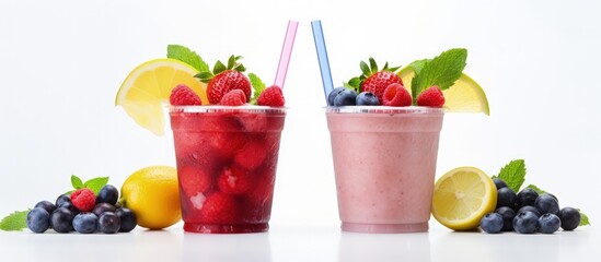 Sticker - Berry mojito and regular mojito fruity drinks in plastic cups isolated on white Copy space image Place for adding text or design