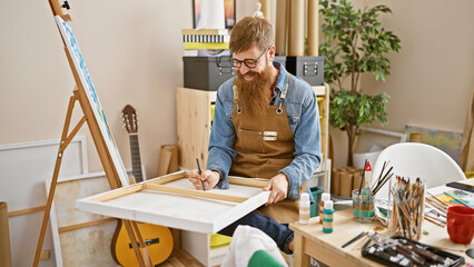 Sticker - Confident young redhead man rocking the art studio, smiling as he lets his creativity run wild, brush in hand, drawing masterpieces