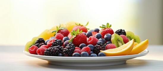 Aufkleber - Assorted fresh fruits and berries on a white plate placed on an off white table with a selective focus Copy space image Place for adding text or design