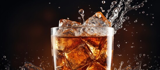 Wall Mural - Close up of fizzy cola with ice cubes floating to the top in a glass Copy space image Place for adding text or design