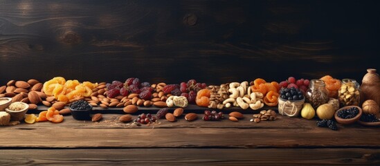 Poster - Assorted dried fruits and nuts on antique table Copy space image Place for adding text or design
