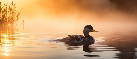 Sticker - Duck swimming in foggy morning pond Copy space image Place for adding text or design