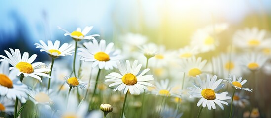 Sticker - Blooming medicinal daisies in a beautiful natural scene Alternative medicine Copy space image Place for adding text or design