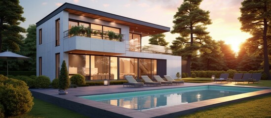 Poster - Contemporary two storey country home with pool and stunning garden Sunset ambiance Text space available Copy space image Place for adding text or design