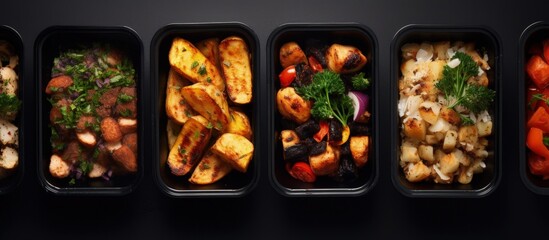 Poster - Bird s eye view of nutritious coal cooked takeaway dishes Copy space image Place for adding text or design