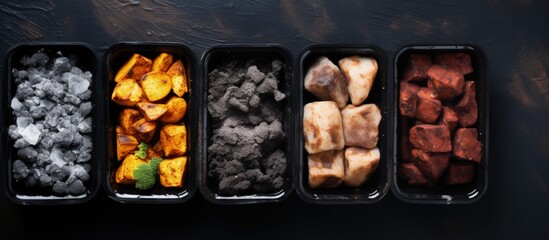 Poster - Bird s eye view of nutritious coal cooked takeaway dishes Copy space image Place for adding text or design