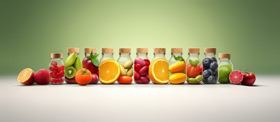 Aufkleber - Concept of health nutrition and vitamin capsules with various fruits illustrated in 3D Copy space image Place for adding text or design