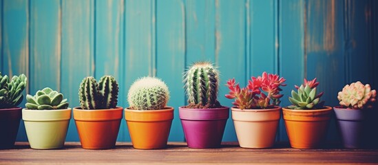 Poster - Cactus and succulents in small flowerpots in a rustic interior with a retro filter effect Copy space image Place for adding text or design