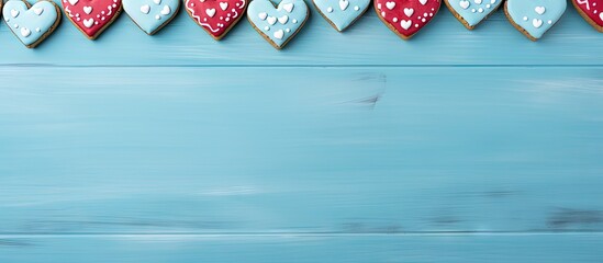 Aufkleber - Decorative heart shaped cookies on a blue wooden table for Valentine s Day Copy space image Place for adding text or design