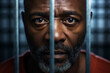 Generative AI portrait of criminal person trapped jailed wearing orange prison uniform