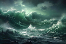 Emerald Waves Clash Under Stormy Skies. Highlighting Shades Of Teal Sea Water. Perfect For Themes Of Nature Fury And Oceanic Power. AI Generated