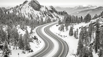 Wall Mural - A black and white photo of a snow covered road, AI