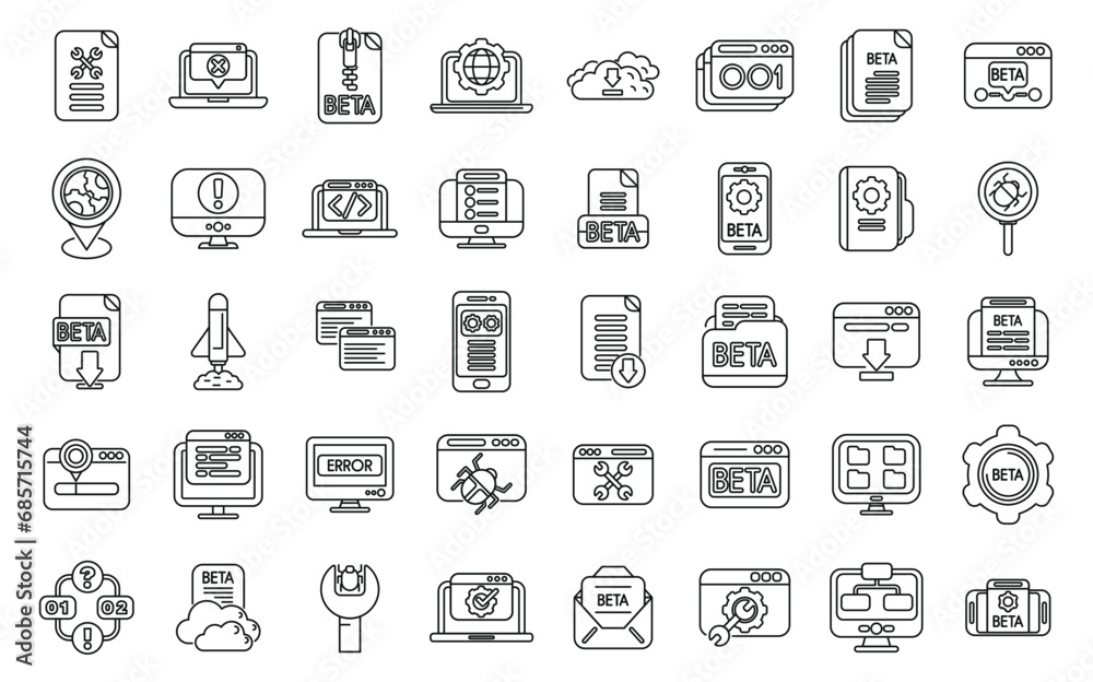 Beta version icons set outline vector. Build code bug. Coding app ...
