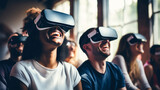 Fototapeta  - Group of people wearing VR virtual reality headset in Entertainment theater night club background.