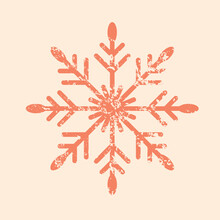 Christmas Orange Snowflake On Light Background. Boho Snowflake With Grunge Texture. Minimalistic Vintage Illustration. Snowflake Icon. Flat Vector New Year Illustration.