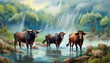 rainy landscape with bulls at a watering hole three bulls are standing in the river illustration
