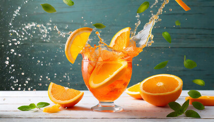 Wall Mural - slices of orange falling into splashing aperol cocktail refreshing italian summer drink on white wooden background