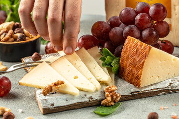 Wall Mural - antipasti cheese platter on a light background top view. copy space