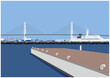 ベイブリッジを望む横浜の海　桟橋と港の風景