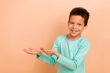 Sticker - Photo of cute charming cheerful boy wearing trendy clothes presenting empty space proposition isolated on beige color background