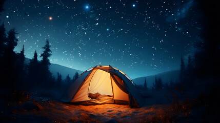 camping tent glows under a night sky full of stars.