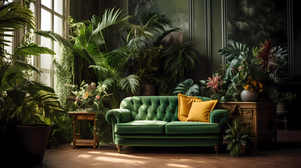 Wall Mural - A green couch and chairs with plants in them and a potted plant in the middle of the room