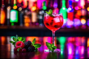 Wall Mural - Refreshing alcoholic colorful fruit cocktails with ice, mint and berries on a bar counter, night club party with soft drinks