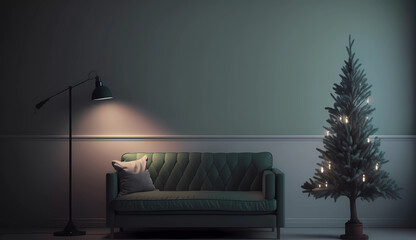 Wall Mural - A living room with a christmas tree and a couch and a lamp on a stand and a christmas tree