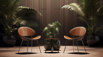 Wall Mural - A set of three chairs and a table with a plant in it and a potted plant in the middle